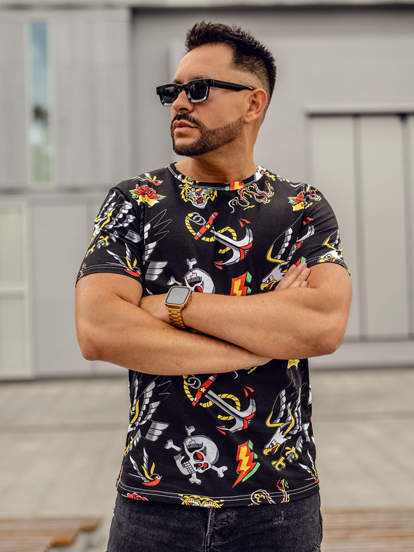 Herren Baumwoll T-Shirt mit Motiv Schwarz Bolf 14962A