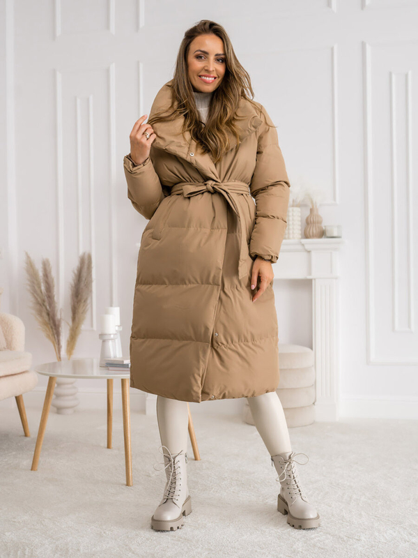 Damen Lange Gepolsterte Winterjacke Mantel Camel Bolf 5M737