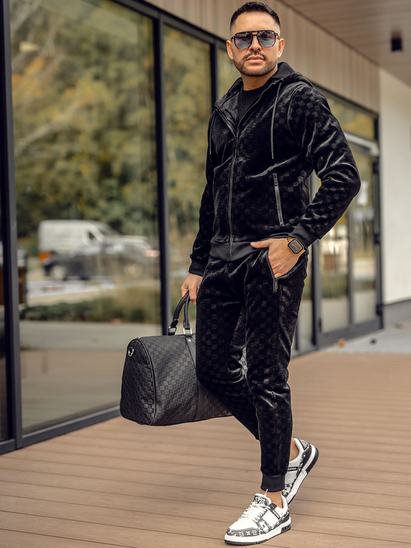 Herren Velours Zweiteiler Freizeitanzug Schwarz Bolf 3B115