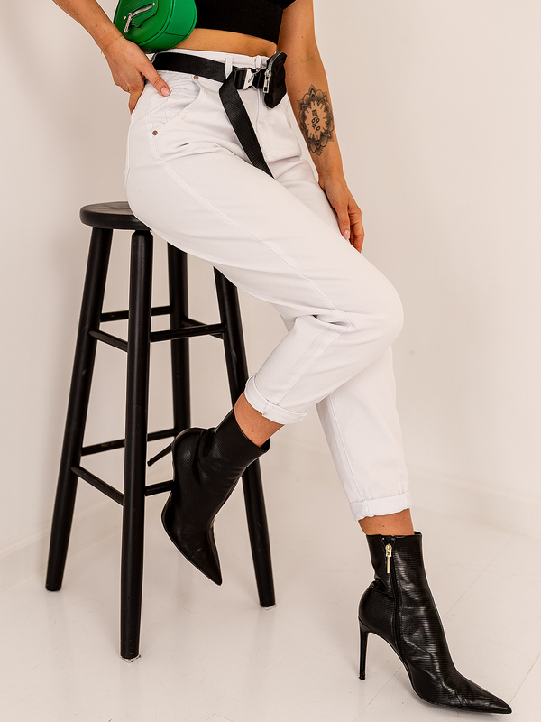 Damen Jeanshose Hochtalliert mit Gürtel und Beutel Weiß Bolf LA688A