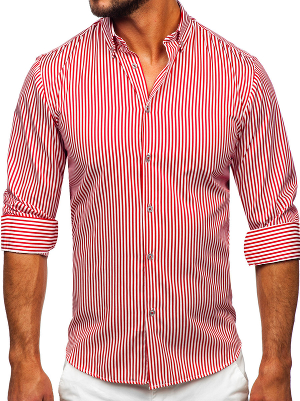 Herren Hemd Langarm Gestreift Rot Bolf 22731