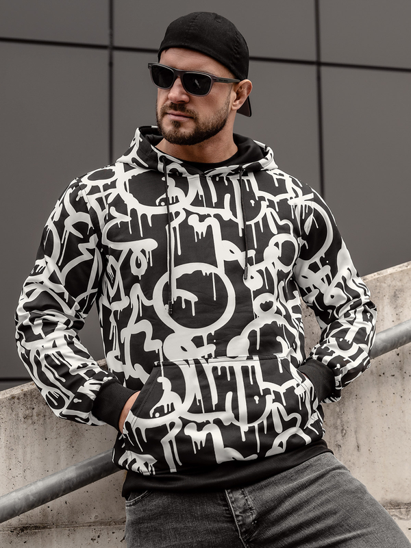 Herren Kapuzenpullover mit Kängurutsche und Motiv Schwarz-Weiß Bolf 8B1152A