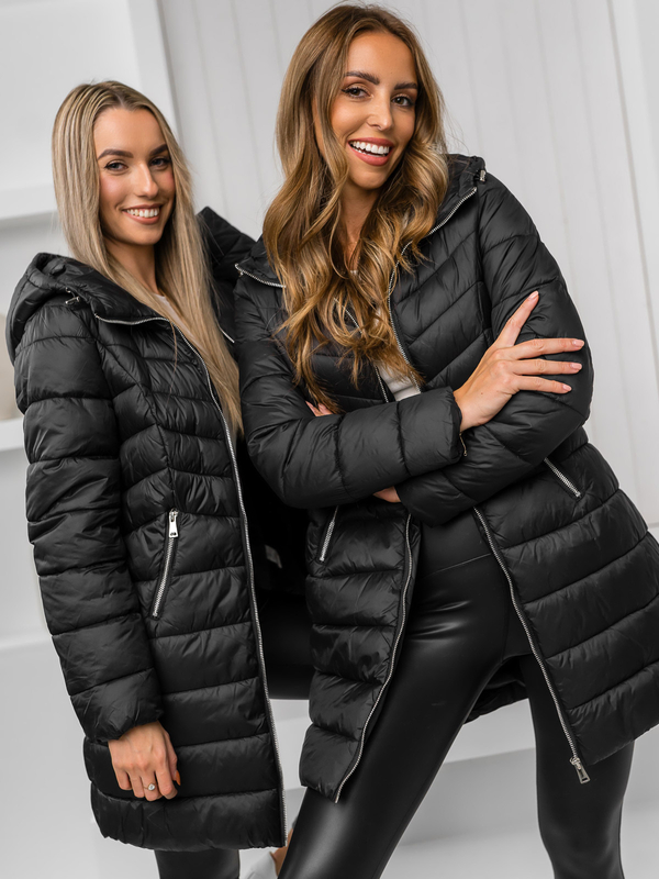 Damen Lange Gepolsterte Winterjacke Mantel mit Kapuze Schwarz Bolf 11Z8083A