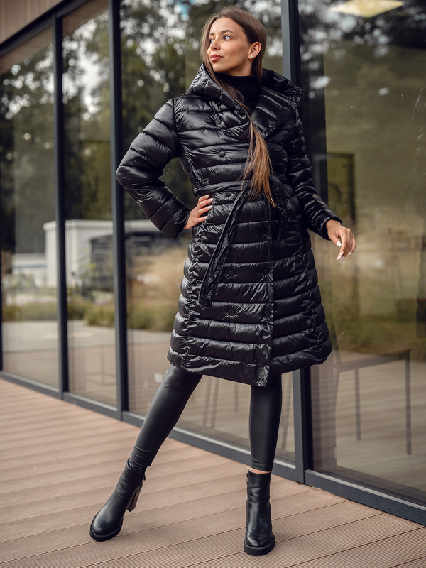 Damen Lange Gepolsterte Übergangsjacke Mantel mit Kapuze Schwarz Bolf 5M3159
