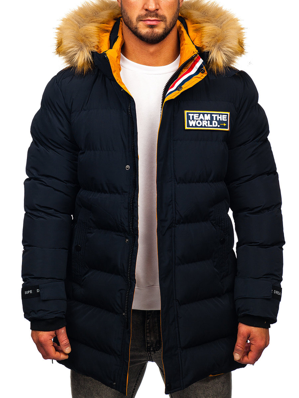 Herren Lange Gepolsterte Winterjacke Dunkelblau Bolf 6477