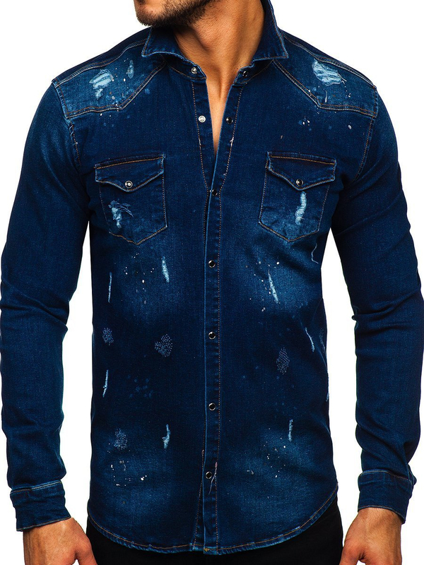 Herren Jeanshemd Langarm Dunkelblau Bolf R801