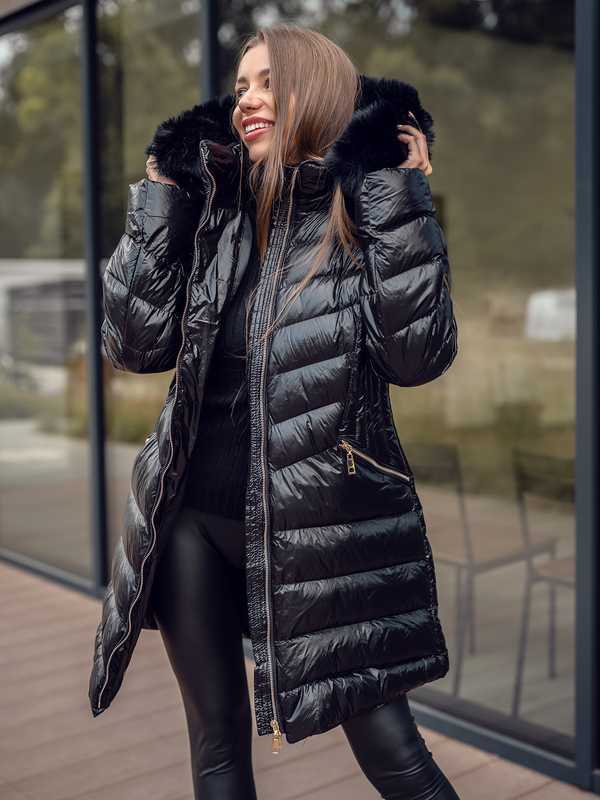 Damen Lange Gepolsterte Winterjacke Mantel mit Kapuze Schwarz Bolf 5M3162