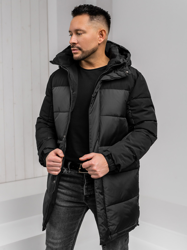Herren Lange Gepolsterte Winterjacke mit Kapuze Schwarz Bolf 31M5016A1