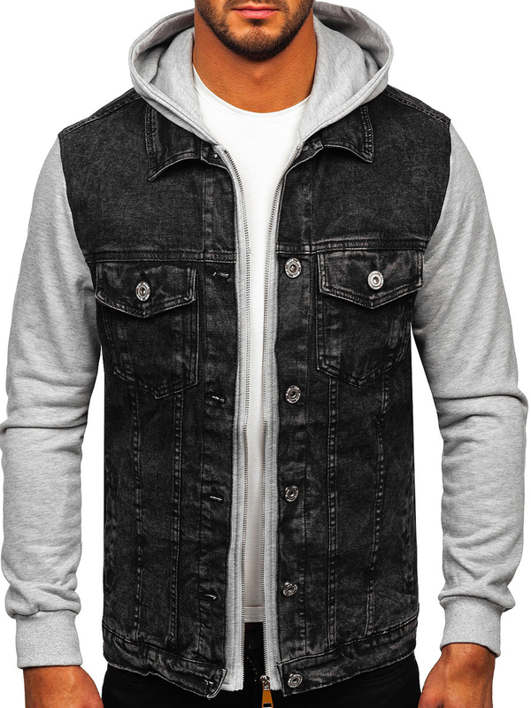 Herren Jeansjacke mit Kaupze Schwarz Bolf HY1017