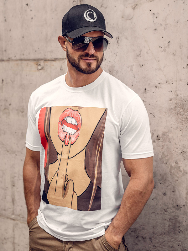 Herren Baumwoll T-Shirt mit Print Weiß Bolf 143018A