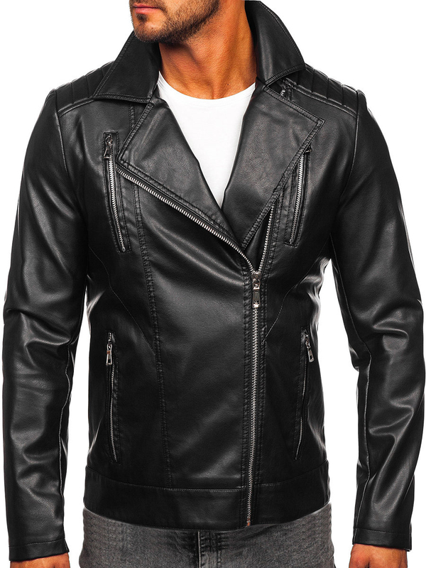 Herren Kunstlederjacke Bikerjacke Schwarz Bolf 11Z8056