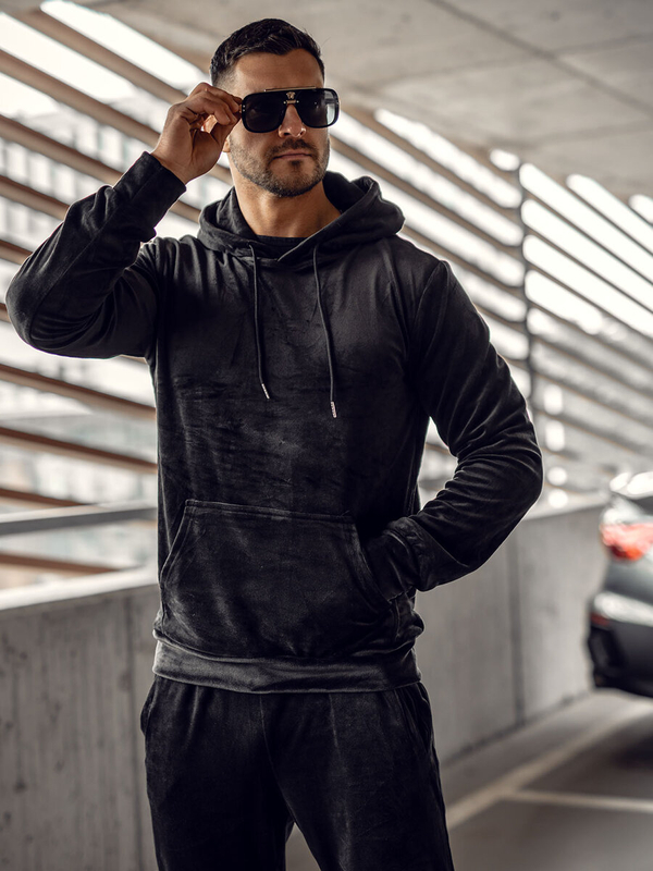 Herren Velours Zweiteiler Freizeitanzug mit Kapuze Schwarz Bolf 8C1171A