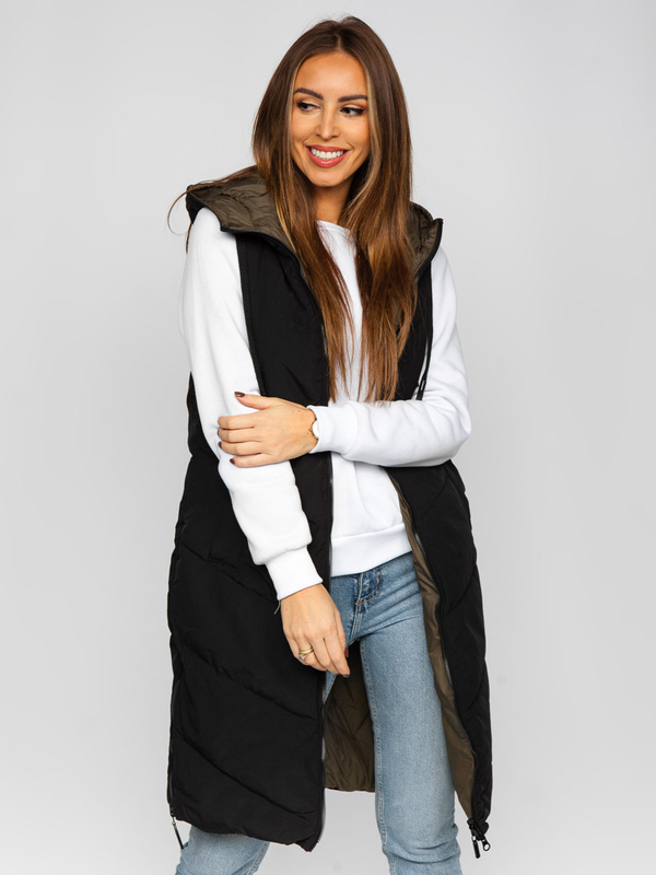 Damen Lange Zweiseitige Steppweste Schwarz Bolf B8022