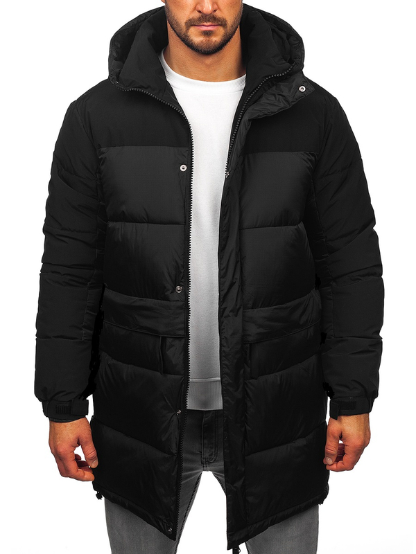 Herren Lange Gepolsterte Winterjacke mit Kapuze Schwarz Bolf 31M5016