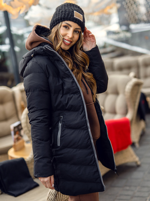Damen Lange Gepolsterte Winterjacke Mantel mit Kapuze Schwarz Bolf 7089A