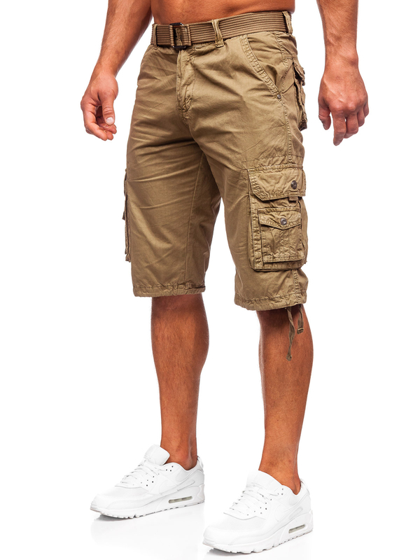 Herren Kurze Stoffhose mit Gürtel Cargoshorts Camel Bolf 77885