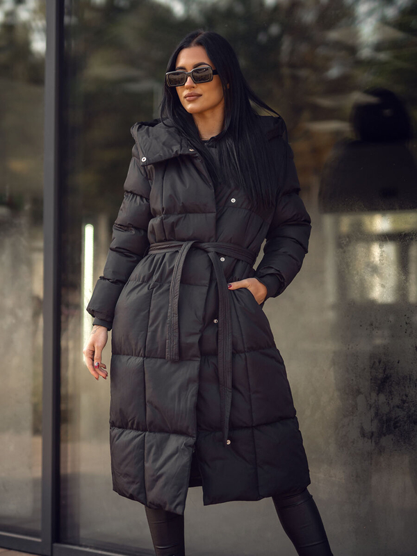 Damen Lange Gepolsterte Winterjacke mit Kapuze Schwarz Bolf 5M3227