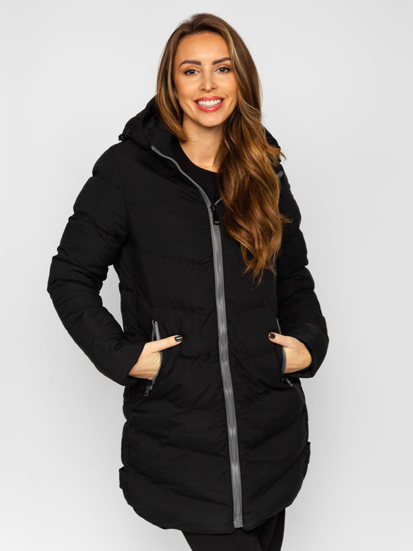 Damen Lange Gepolsterte Winterjacke Mantel mit Kapuze Schwarz Bolf 7089