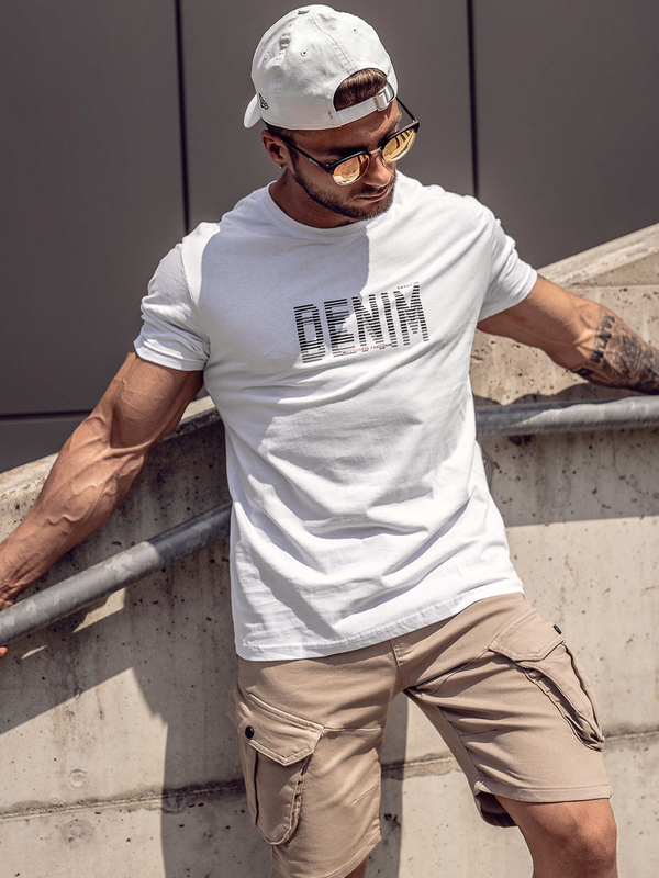 Herren Baumwoll T-Shirt mit Motiv Weiß Bolf 14787