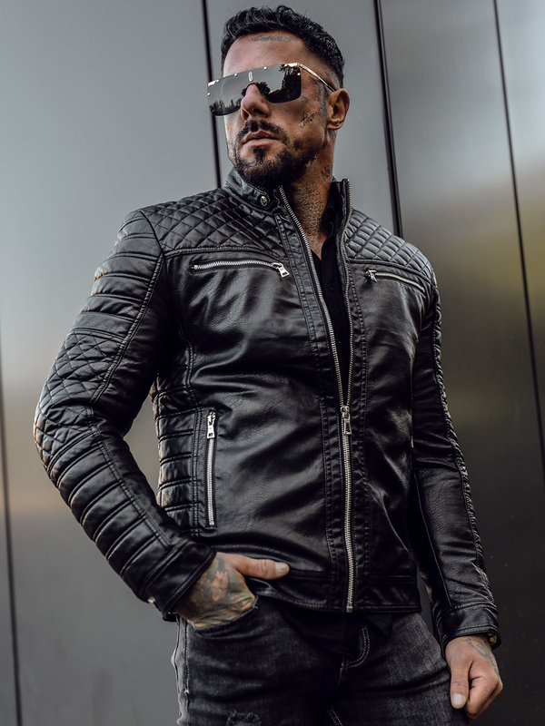 Herren Kunstleder Jacke Biker Schwarz Bolf 11Z8002