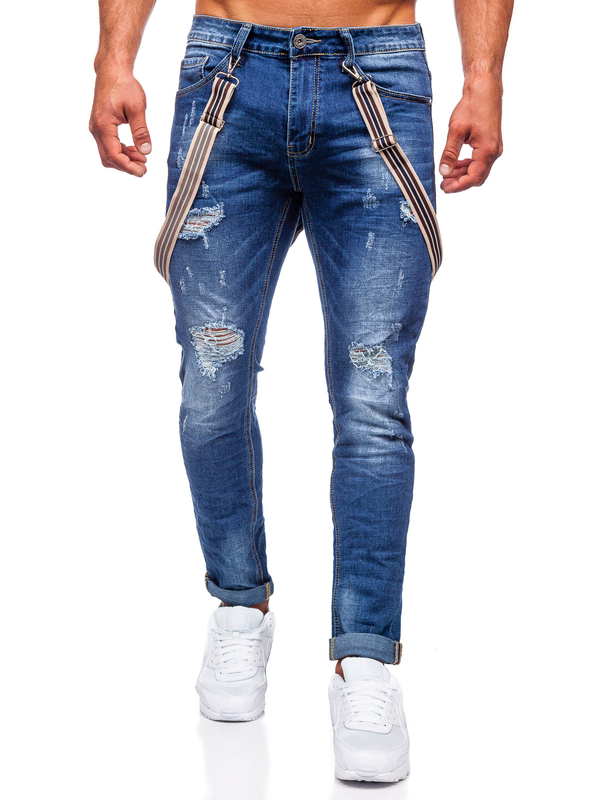 Herren Jeanshose slim fit mit Hosenträgern Dunkelblau Bolf KS2056