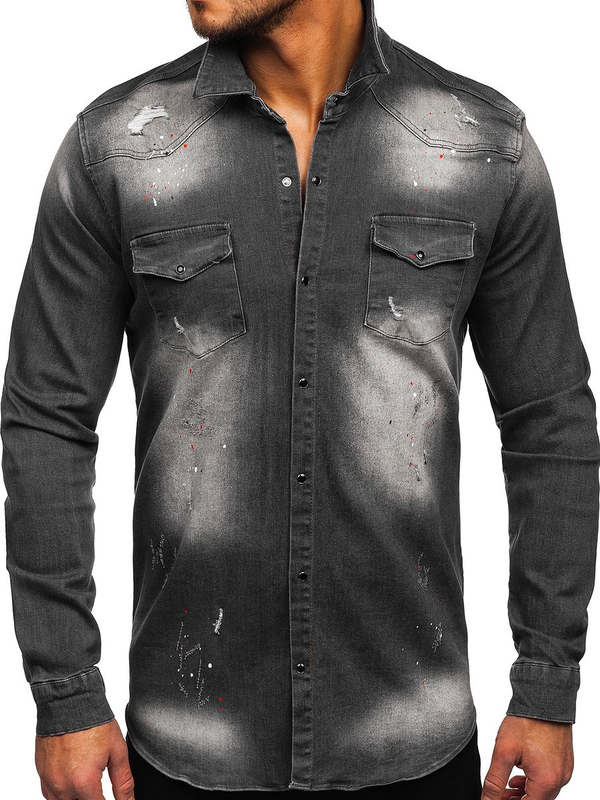 Herren Jeanshemd Langarm Schwarzgrau Bolf R710