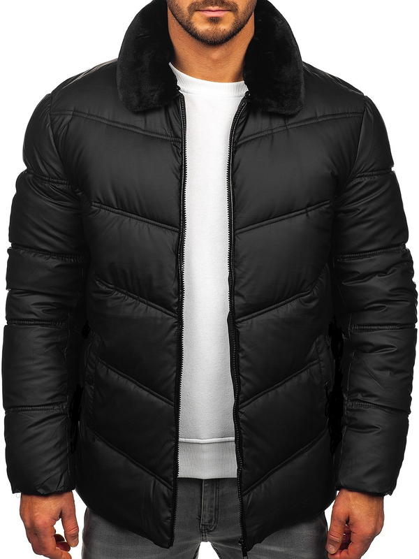 Herren Gepolsterte Winterjacke mit Teddyfell-Kragen Schwarz Bolf 31M5005