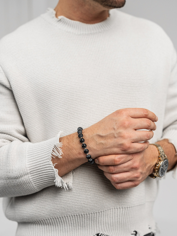 schwarzes Herren Armband Glasperlen auf Gummiband Bolf TT4904