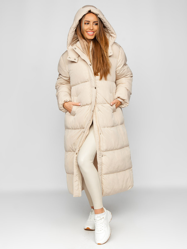 Damen Lange Gepolsterte Winterjacke mit Kapuze Beige Bolf R6702