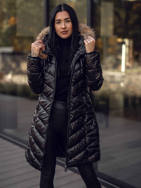 Damen Gepolsterte Winterjacke Mantel mit Kapuze Schwarz-Braun Bolf 16M9100A2