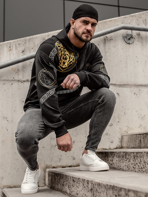 Herren Kapuzenpullover mit Kängurutsche und Motiv Schwarz Bolf 8B999A