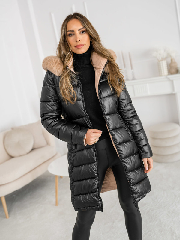 Damen Zweiseitige Lange Gepolsterte Winterjacke Mantel mit Kapuze Schwarz Bolf B8202