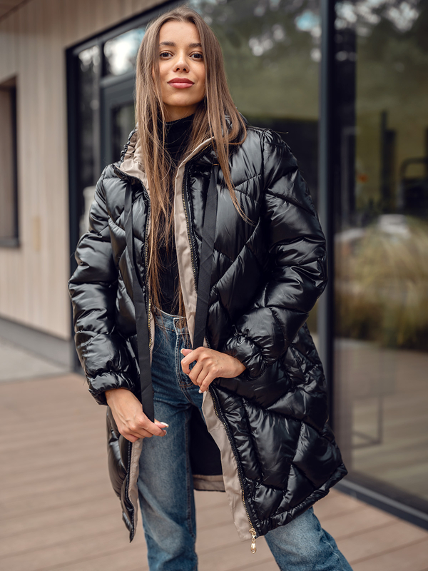 Damen Lange Gepolsterte Winterjacke Mantel mit Kapuze Schwarz Bolf 5M3189