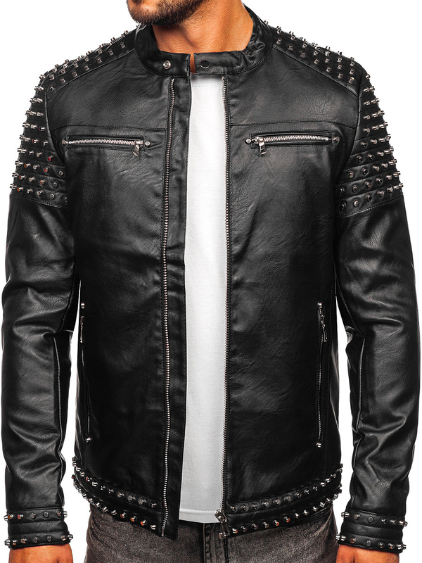 Herren Kunstlederjacke mit Nieten Schwarz Bolf 11Z8007