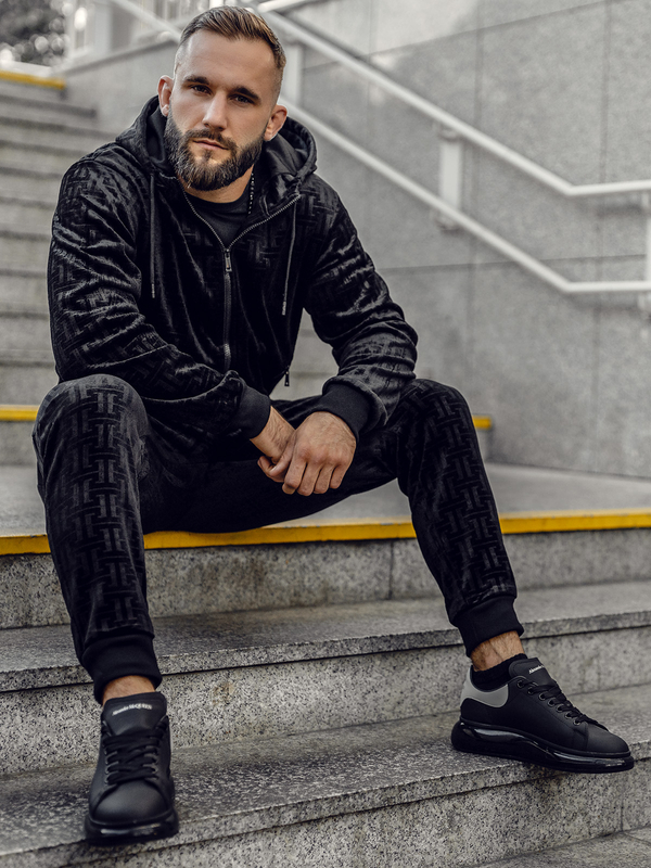 Herren Velours Zweiteiler Freizeitanzug Schwarz Bolf 3B113A