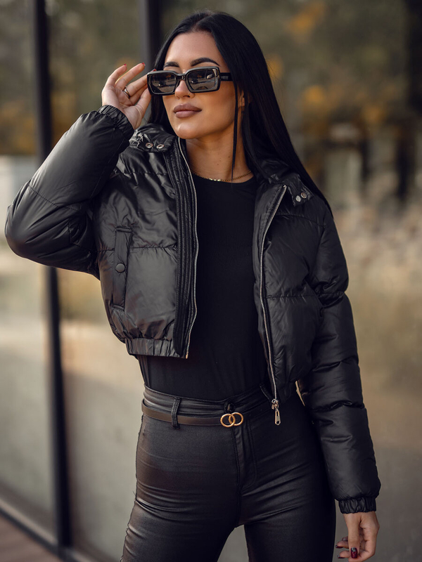 Damen Kurze Winterjacke mit Kapuze Schwarz Bolf 5M3260