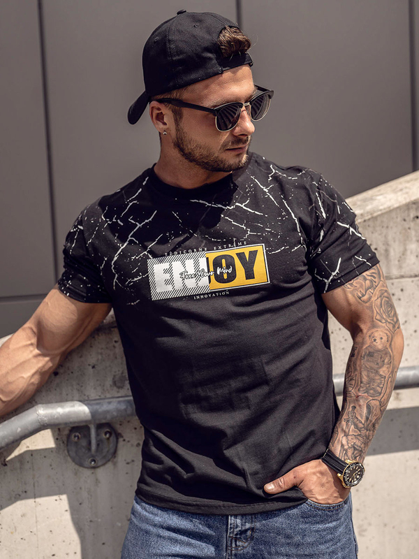 Herren Baumwoll T-Shirt mit Motiv Schwarz Bolf 147737A