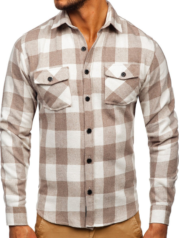 Herren Hemd Flanellhemd Langarm Beige Bolf 20723