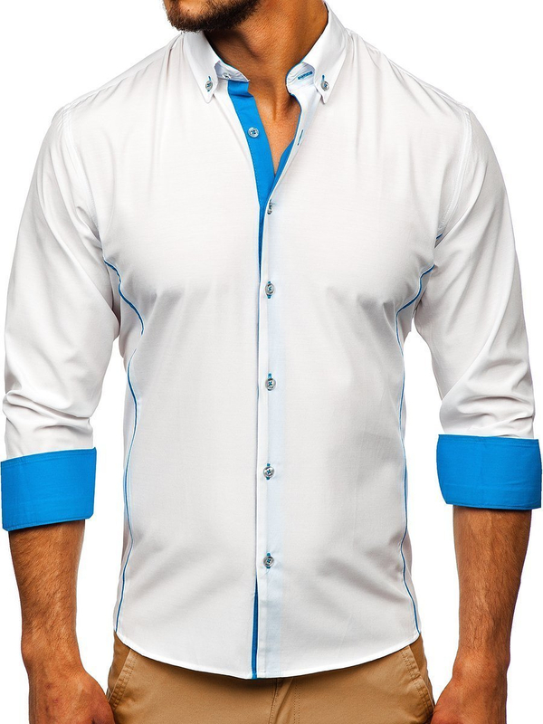Herren Hemd Elegant Langarm Weiß-Hellblau Bolf 5722-1-A
