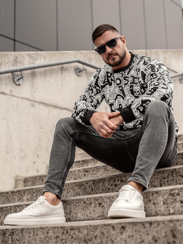 Herren Sweatshirt mit Motiv Schwarz-Weiß Bolf 8B1133A