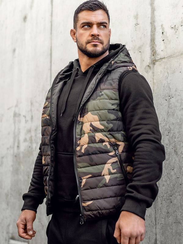 Herren Steppweste mit Kapuze Camo Khaki Bolf 7106A