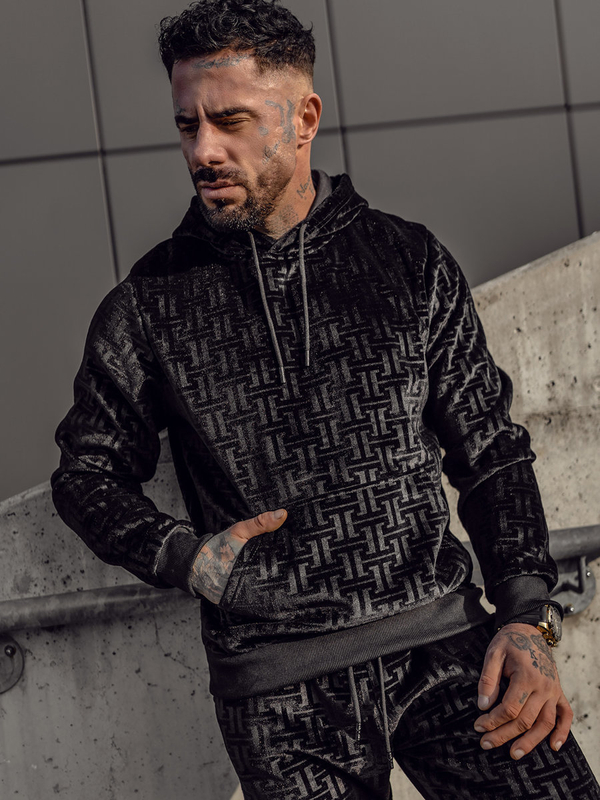 Herren Zweiteiler Trainingsanzug mit Kapuze Schwarz Bolf 3A81