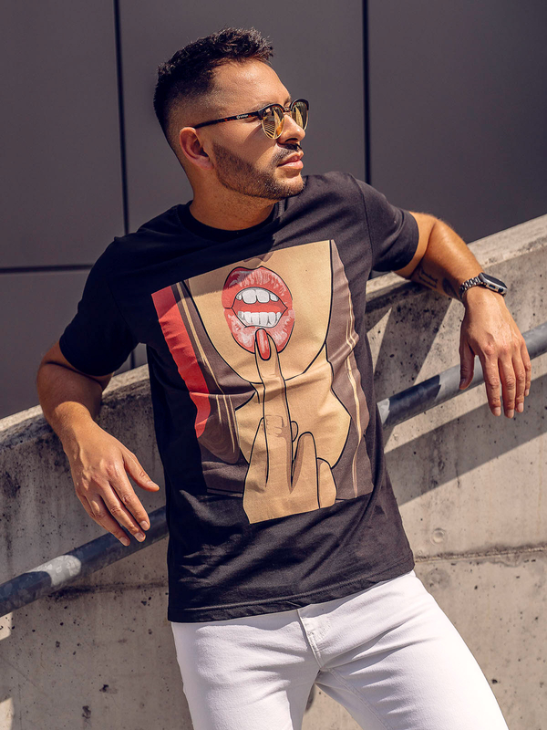 Herren Baumwoll T-Shirt mit Print Schwarz Bolf 143018A
