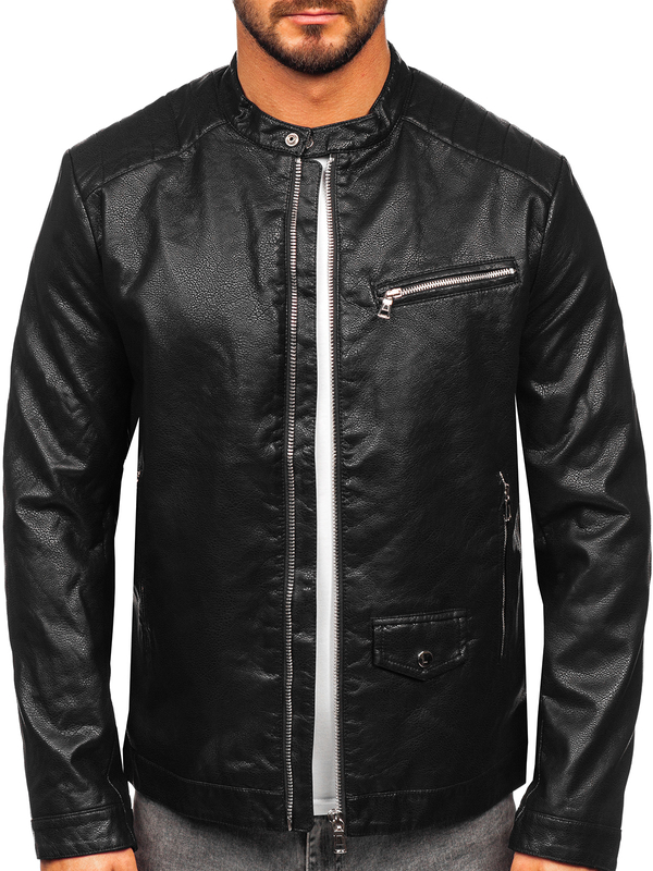 Herren Kunstlederjacke Bikerjacke Schwarz Bolf 11Z8021