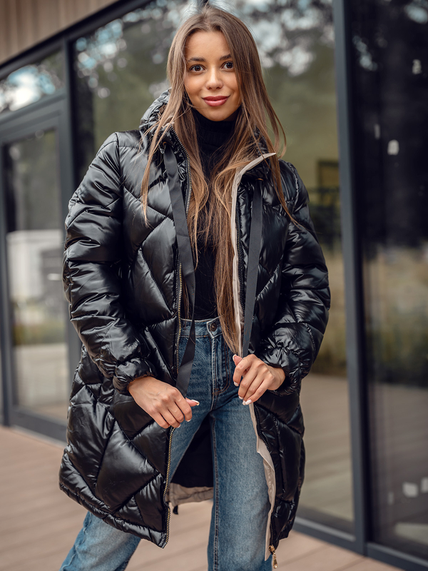 Damen Lange Gepolsterte Winterjacke Mantel mit Kapuze Schwarz Bolf 5M3189