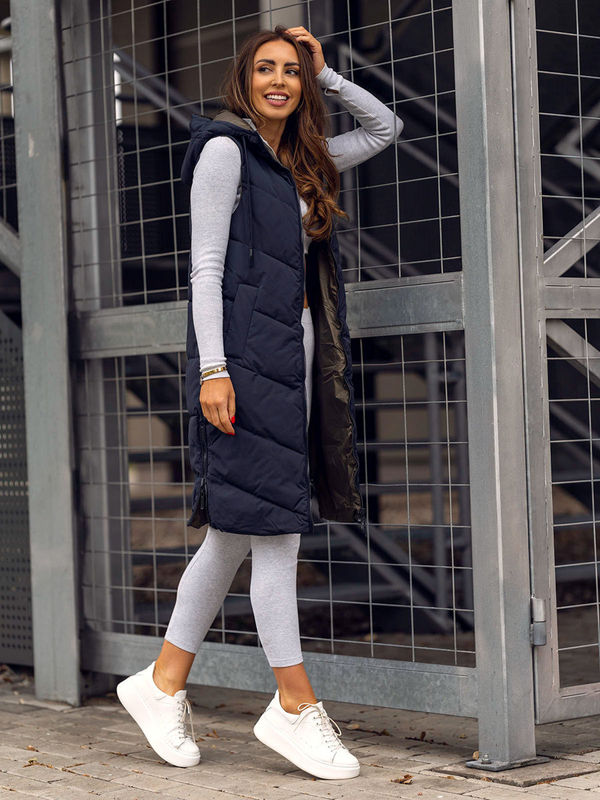Damen Lange Steppweste Zweiseitig Dunkelblau Bolf B8022B