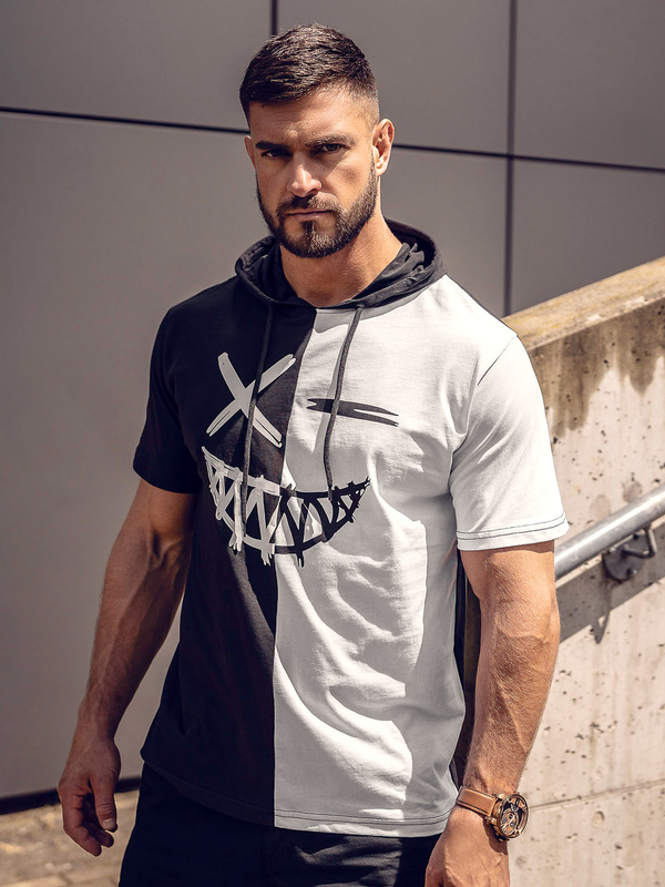 Herren T-Shirt mit Motib mit Kapuze Schwarz-Weiß Bolf 8T981A