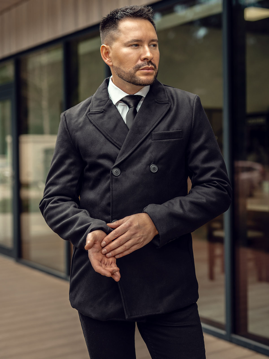 Herren Kapuzenmantel Winter - Zweireihiger Stricklook Mit Revers