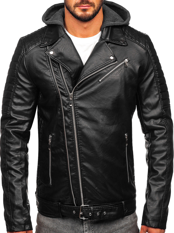 Herren Kunstlederjacke Biker mit Kapuze Schwarz Bolf 11Z8005