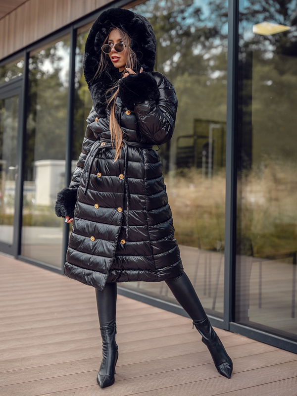 Damen Lange Gepolsterte Winterjacke Mantel mit Kapuze Schwarz Bolf 5M3160